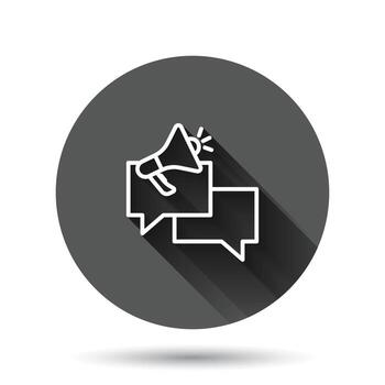 Speech bubble with megaphone icon in flat style. Dialogue box vector illustration on black round background with long shadow effect. Bullhorn speaker circle button business concept.