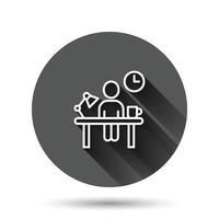 personas con lámpara de mesa e icono de reloj en estilo plano. ilustración de vector de espacio de coworking sobre fondo redondo negro con efecto de sombra largo. concepto de negocio de botón de círculo de trabajo independiente.