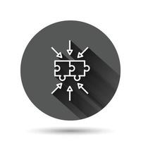 icono de rompecabezas en estilo plano. ilustración vectorial compatible con la solución sobre fondo redondo negro con efecto de sombra largo. concepto de negocio de botón de círculo de combinación. vector