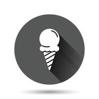 icono de helado en estilo plano. ilustración de vector de sundae sobre fondo redondo negro con efecto de sombra larga. concepto de negocio de botón de círculo de postre de sorbete.