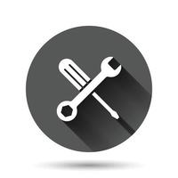 Wrench icon in flat style. Spanner key vector illustration on black round background with long shadow effect. Repair equipment circle button business concept.