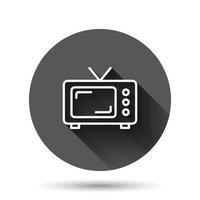icono de vector de pantalla de tv retro en estilo plano. ilustración de televisión antigua sobre fondo redondo negro con efecto de sombra largo. concepto de negocio de botón de círculo de pantalla de tv.