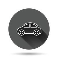 icono de coche en estilo plano. ilustración de vector de vehículo de automóvil sobre fondo redondo negro con efecto de sombra larga. concepto de negocio de botón de círculo de sedán.