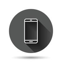 Smartphone blank screen icon in flat style. Mobile phone vector illustration on black round background with long shadow effect. Telephone circle button business concept.