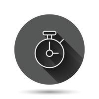 Clock icon in flat style. Watch vector illustration on black round background with long shadow effect. Timer circle button business concept.