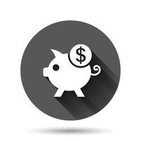 Money box icon in flat style. Pig container vector illustration on black round background with long shadow effect. Piggy bank circle button business concept.