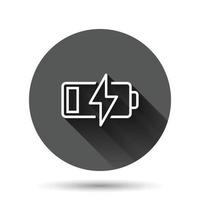 Battery charge icon in flat style. Power level vector illustration on black round background with long shadow effect. Lithium accumulator circle button business concept.