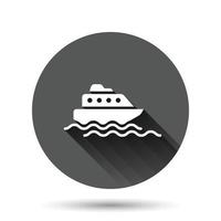 Tourism ship icon in flat style. Fishing boat vector illustration on black round background with long shadow effect. Tanker destination circle button business concept.