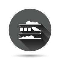 icono de metro en estilo plano. ilustración de vector de metro de tren sobre fondo redondo negro con efecto de sombra larga. Concepto de negocio de botón de círculo de carga de ferrocarril.