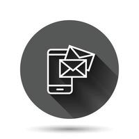 Message on smartphone icon in flat style. Mail with phone vector illustration on black round background with long shadow effect. Envelope circle button business concept.