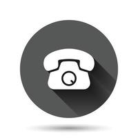 Mobile phone icon in flat style. Telephone talk vector illustration on black round background with long shadow effect. Hotline contact circle button business concept.