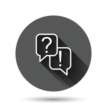 Question and answer icon in flat style. Dialog speech bubble vector illustration on black round background with long shadow effect. Forum chat circle button business concept.