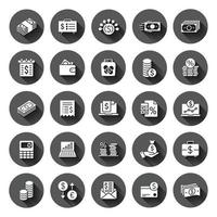 Money finance icon set in flat style. Payment vector illustration on black round background with long shadow effect. Currency budget circle button business concept.