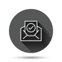 Envelope with confirmed document icon in flat style. Verify vector illustration on black round background with long shadow effect. Receive circle button business concept.