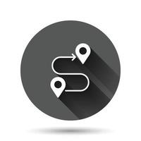 Map pin icon in flat style. GPS navigation vector illustration on black round background with long shadow effect. Locate position circle button business concept.