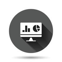 Website analytics icon in flat style. SEO data vector illustration on black round background with long shadow effect. Computer diagram circle button business concept.