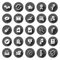 Approve icon set in flat style. Check mark vector illustration on black round background with long shadow effect. Tick accepted circle button business concept.