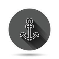 Boat anchor icon in flat style. Vessel hook vector illustration on black round background with long shadow effect. Ship equipment circle button business concept.