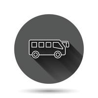 icono de autobús en estilo plano. Ilustración de vector de entrenador sobre fondo redondo negro con efecto de sombra larga. concepto de negocio de botón de círculo de vehículo autobus.