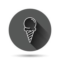 icono de helado en estilo plano. ilustración de vector de sundae sobre fondo redondo negro con efecto de sombra larga. concepto de negocio de botón de círculo de postre de sorbete.