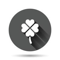 Four leaf clover icon in flat style. St Patricks Day vector illustration on black round background with long shadow effect. Flower shape circle button business concept.