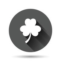 Four leaf clover icon in flat style. St Patricks Day vector illustration on black round background with long shadow effect. Flower shape circle button business concept.