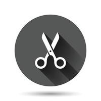 Scissor icon in flat style. Cut equipment vector illustration on black round background with long shadow effect. Cutter circle button business concept.