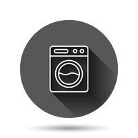 Washing machine icon in flat style. Washer vector illustration on black round background with long shadow effect. Laundry circle button business concept.