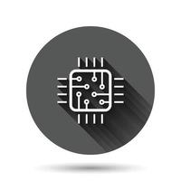 Computer cpu icon in flat style. Circuit board vector illustration on black round background with long shadow effect. Motherboard chip circle button business concept.