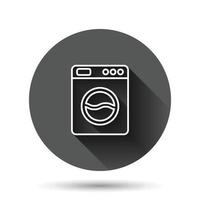 Washing machine icon in flat style. Washer vector illustration on black round background with long shadow effect. Laundry circle button business concept.