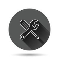 Wrench icon in flat style. Spanner key vector illustration on black round background with long shadow effect. Repair equipment circle button business concept.