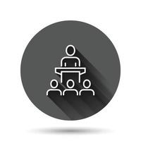 People on podium icon in flat style. Speaker vector illustration on black round background with long shadow effect. Audience orator circle button business concept.