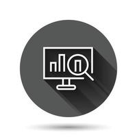 Website analytics icon in flat style. SEO data vector illustration on black round background with long shadow effect. Computer diagram circle button business concept.