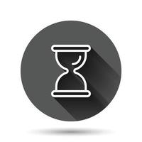 icono de reloj de arena en estilo plano. ilustración de vector de reloj de arena sobre fondo redondo negro con efecto de sombra larga. concepto de negocio de botón de círculo de reloj.