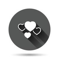 icono del corazón en estilo plano. Ilustración de vector de amor sobre fondo redondo negro con efecto de sombra larga. concepto de negocio de botón de círculo romántico.