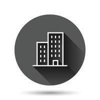 Building icon in flat style. Town skyscraper apartment vector illustration on black round background with long shadow effect. City tower circle button business concept.