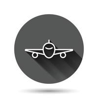 icono de avión en estilo plano. ilustración de vector de avión sobre fondo redondo negro con efecto de sombra larga. concepto de negocio de botón de círculo de avión de vuelo.