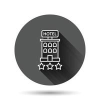 icono de signo de hotel 3 estrellas en estilo plano. posada edificio ilustración vectorial sobre fondo negro redondo con efecto de sombra larga. concepto de negocio de botón de círculo de habitación de albergue. vector