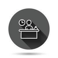 Check in reception icon in flat style. Booking service vector illustration on black round background with long shadow effect. Hotel reservation circle button business concept.