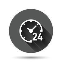 Clock 24 7 icon in flat style. Watch vector illustration on black round background with long shadow effect. Timer circle button business concept.