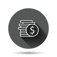 icono de pila de monedas en estilo plano. ilustración de vector de moneda de dólar sobre fondo redondo negro con efecto de sombra larga. concepto de negocio de botón de círculo apilado de dinero.