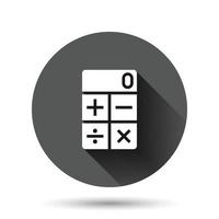 Calculator icon in flat style. Calculate vector illustration on black round background with long shadow effect. Calculation circle button business concept.