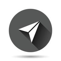 Paper plane icon in flat style. Sent message vector illustration on black round background with long shadow effect. Air sms circle button business concept.