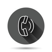 Mobile phone icon in flat style. Telephone talk vector illustration on black round background with long shadow effect. Hotline contact circle button business concept.