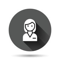 Woman face icon in flat style. People vector illustration on black round background with long shadow effect. Partnership circle button business concept.
