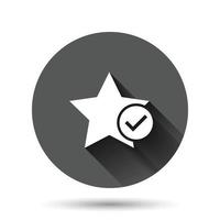 Check mark with star icon in flat style. Add to favorite vector illustration on black round background with long shadow effect. Bookmark circle button business concept.