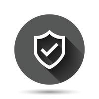 Shield with check mark icon in flat style. Protect vector illustration on black round background with long shadow effect. Checkmark guard circle button business concept.