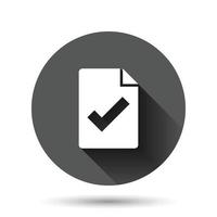 Document checklist icon in flat style. Report vector illustration on black round background with long shadow effect. Paper sheet circle button business concept.