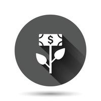 Growth profit icon in flat style. Flower with money vector illustration on black round background with long shadow effect. Increase circle button business concept.