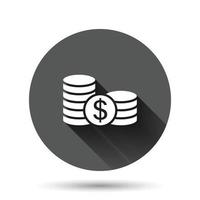 Coins stack icon in flat style. Dollar coin vector illustration on black round background with long shadow effect. Money stacked circle button business concept.